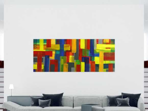 Gemälde Original abstrakt 100x250cm Mischtechnik Moderne Kunst auf Leinwand rot gelb blau grün Einzelstück