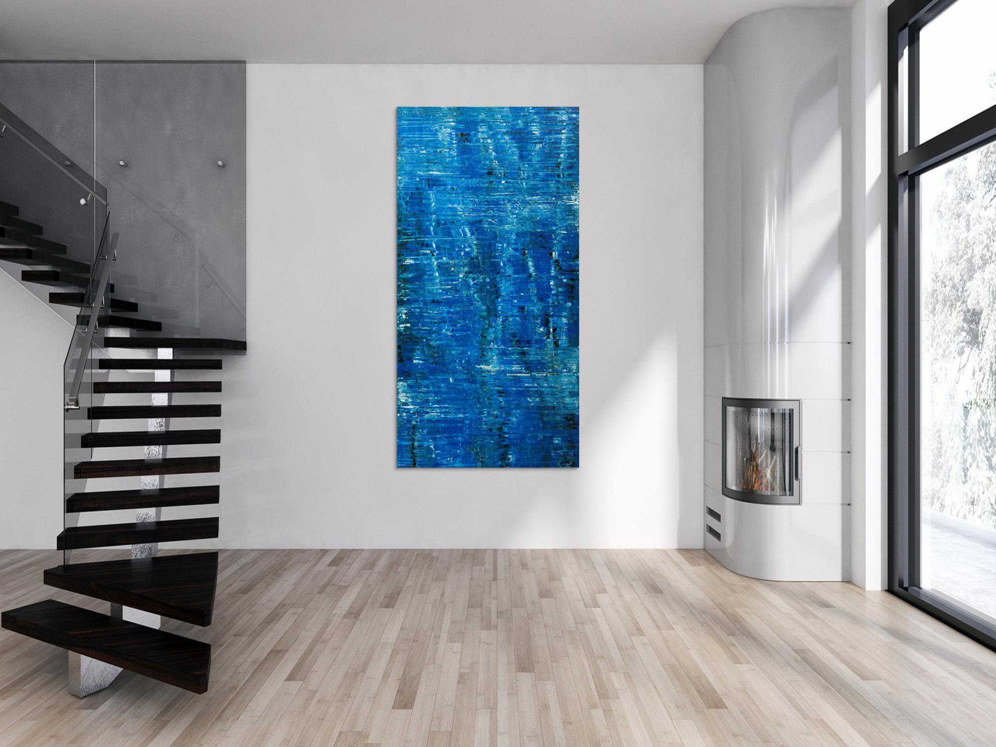 Abstraktes Original Gemälde 200x100cm Spachteltechnik Modern Art auf Leinwand blau hellblau Unikat