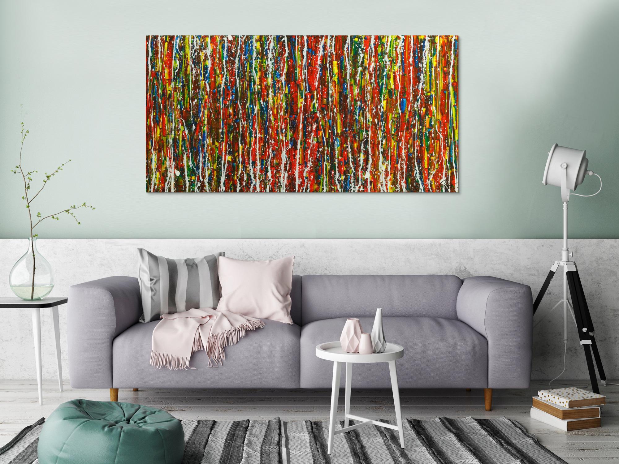 Original Gemälde abstrakt 80x160cm Spachteltechnik Moderne Kunst handgemalt Action Painting sehr bunt Einzelstück