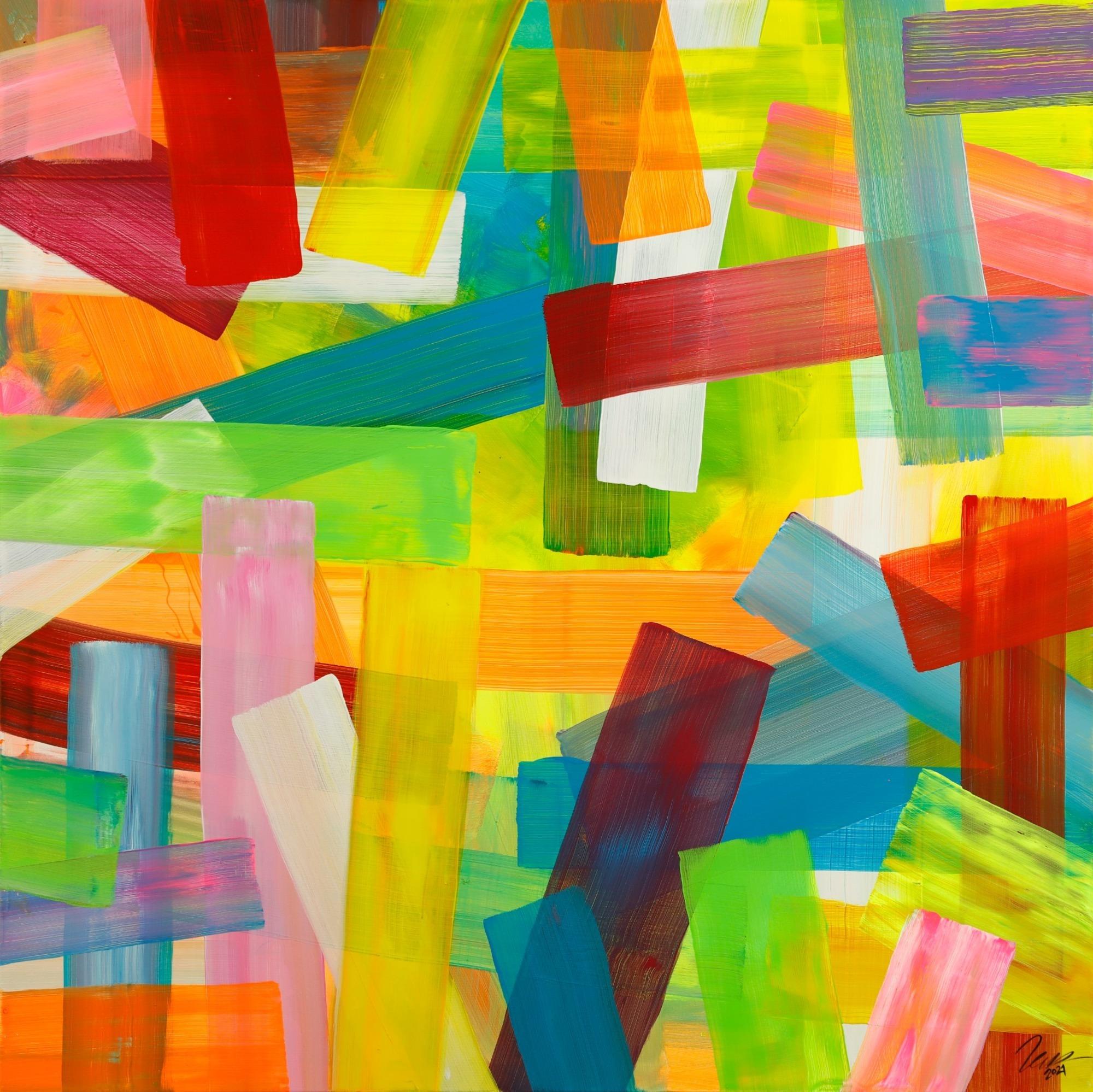 Gemälde Original abstrakt 150x150cm bunte Streifen Mischtechnik Modern Art handgefertigt gelb rot hellgrün Einzelstück