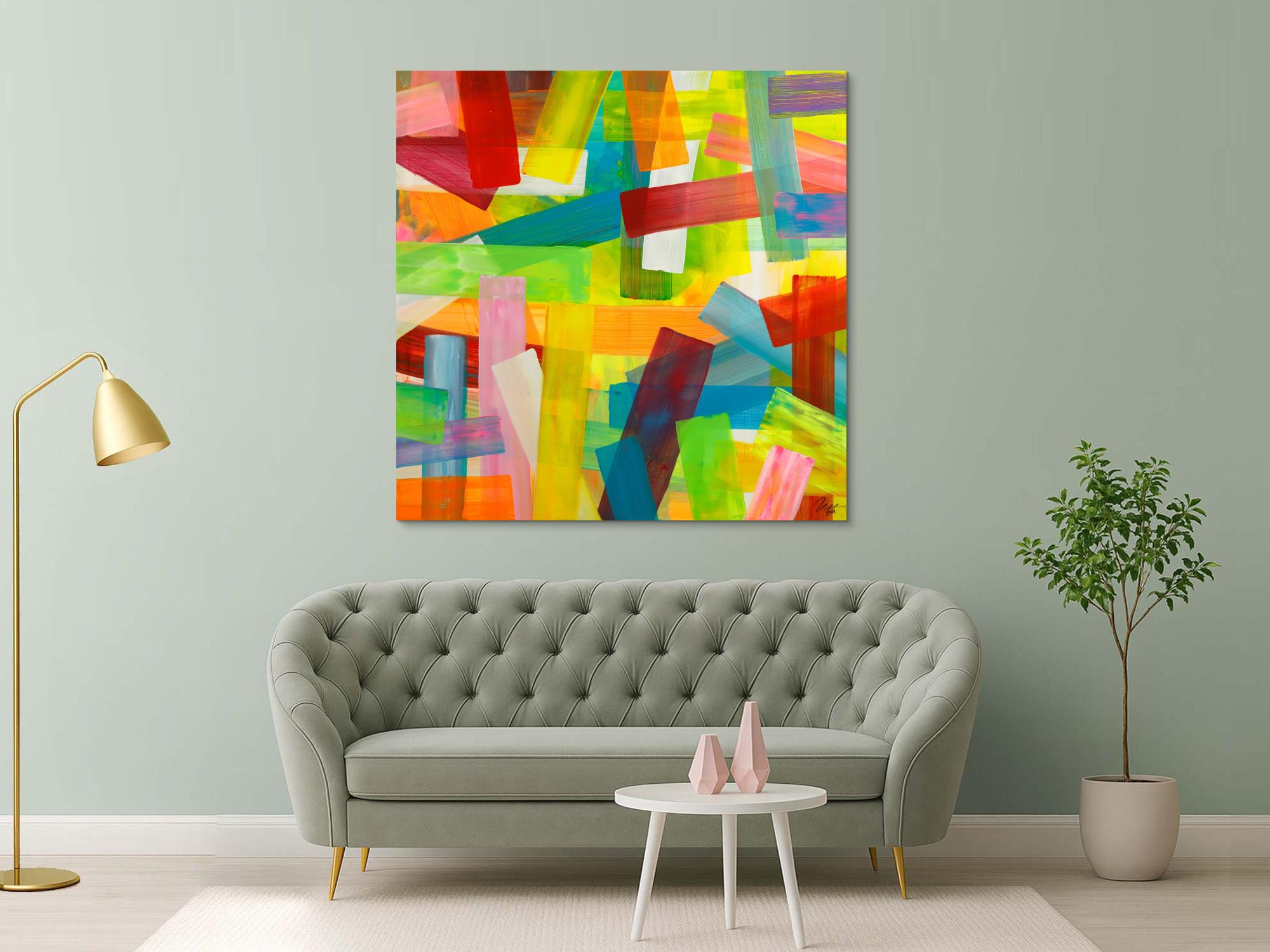 Gemälde Original abstrakt 150x150cm bunte Streifen Mischtechnik Modern Art handgefertigt gelb rot hellgrün Einzelstück