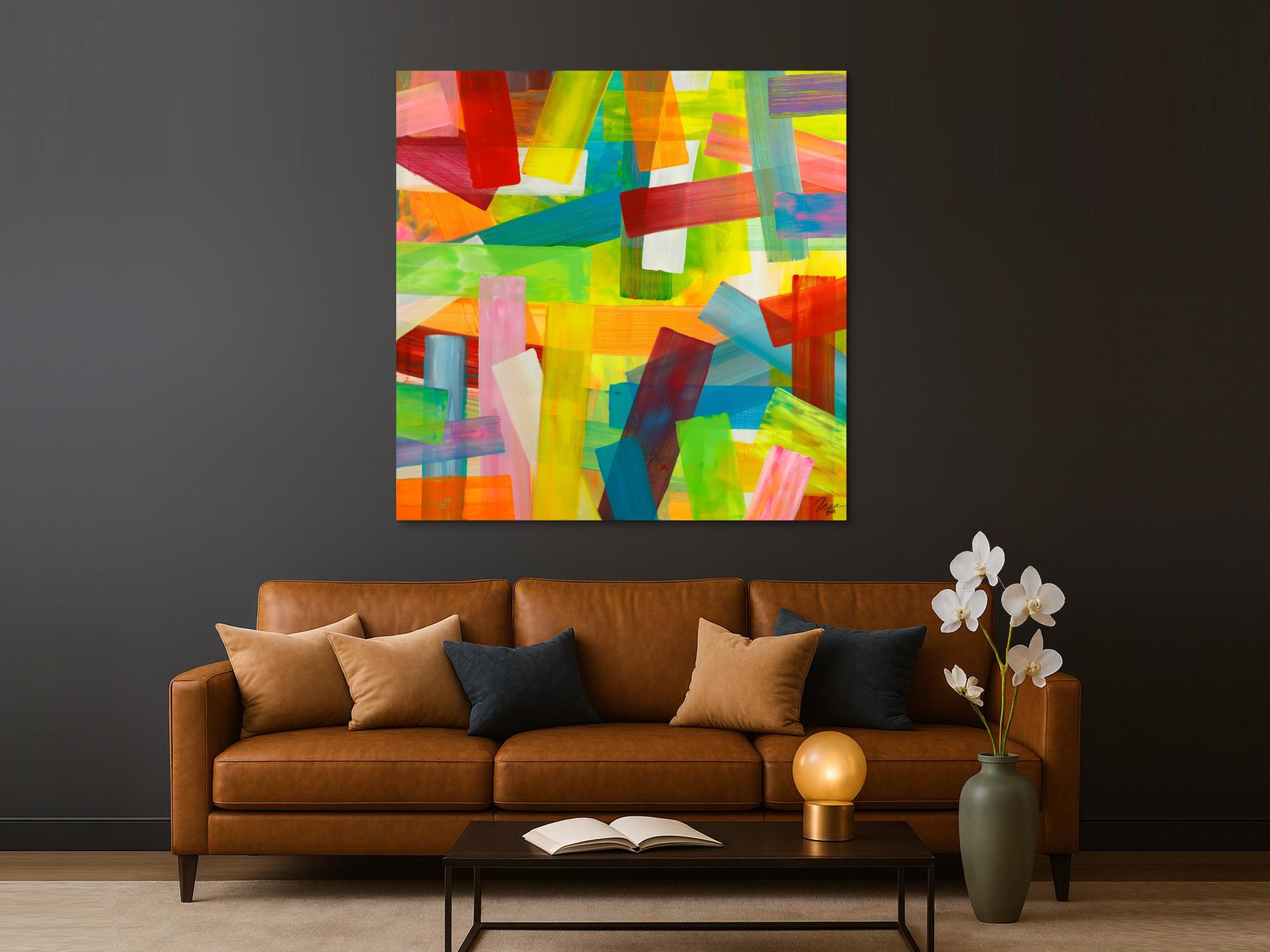 Gemälde Original abstrakt 150x150cm bunte Streifen Mischtechnik Modern Art handgefertigt gelb rot hellgrün Einzelstück