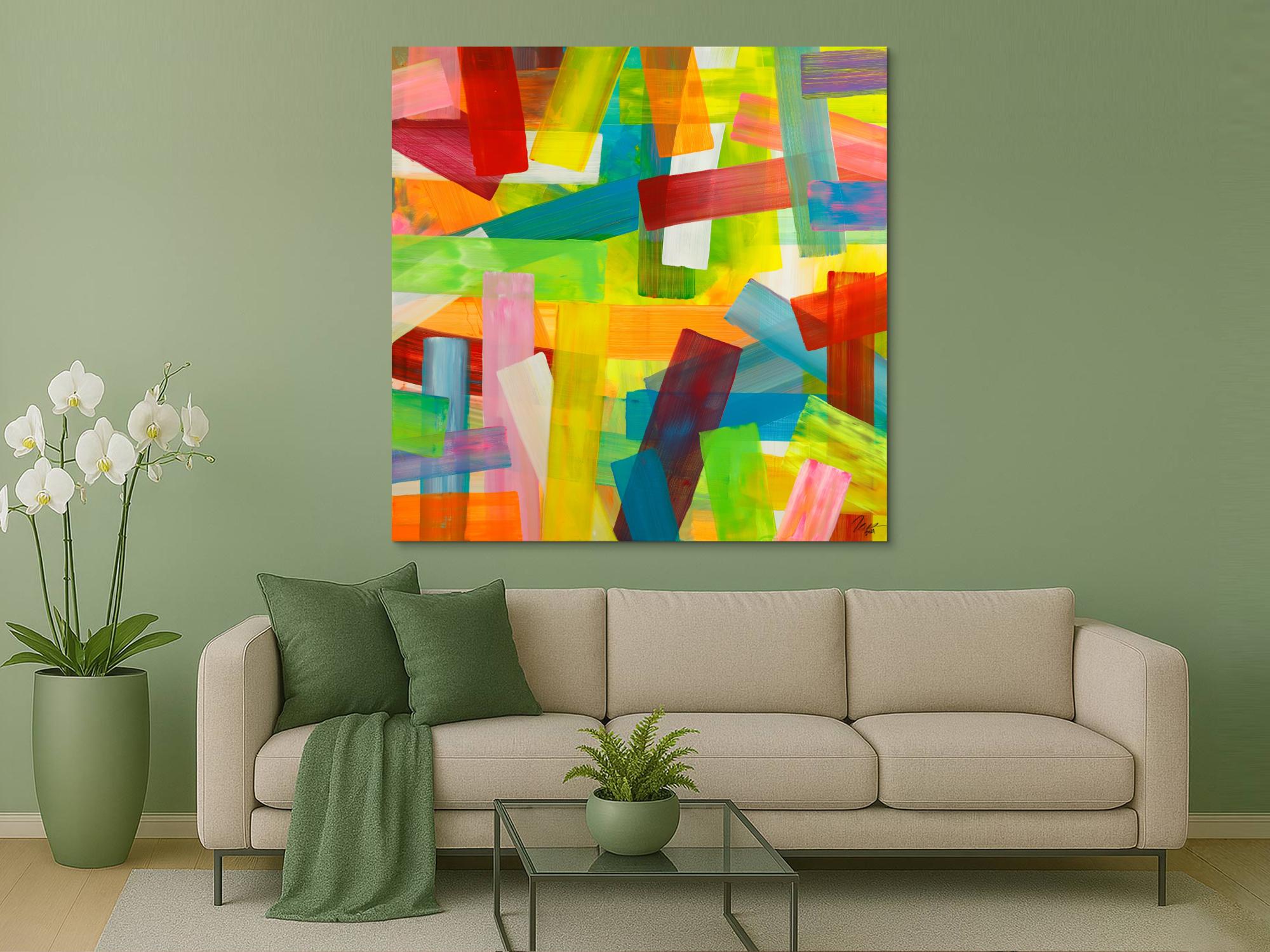 Gemälde Original abstrakt 150x150cm bunte Streifen Mischtechnik Modern Art handgefertigt gelb rot hellgrün Einzelstück