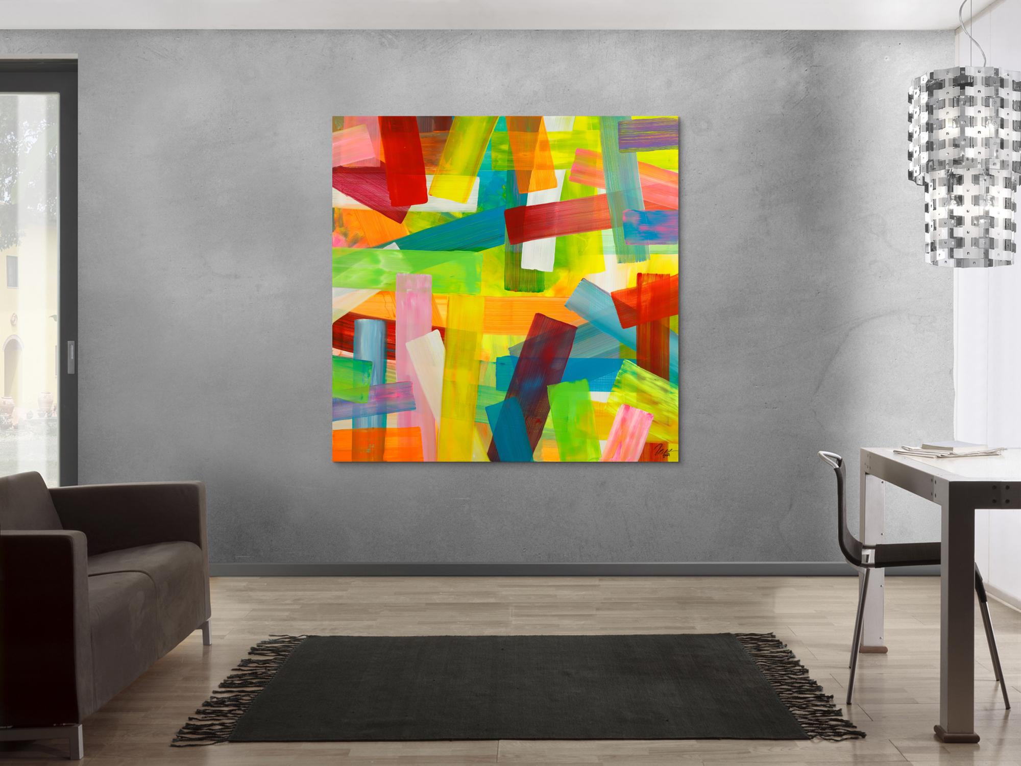 Gemälde Original abstrakt 150x150cm bunte Streifen Mischtechnik Modern Art handgefertigt gelb rot hellgrün Einzelstück