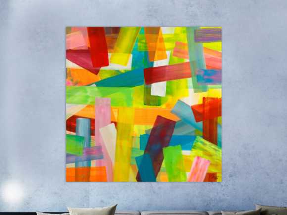 Gemälde Original abstrakt 150x150cm bunte Streifen Mischtechnik Modern Art handgefertigt gelb rot hellgrün Einzelstück