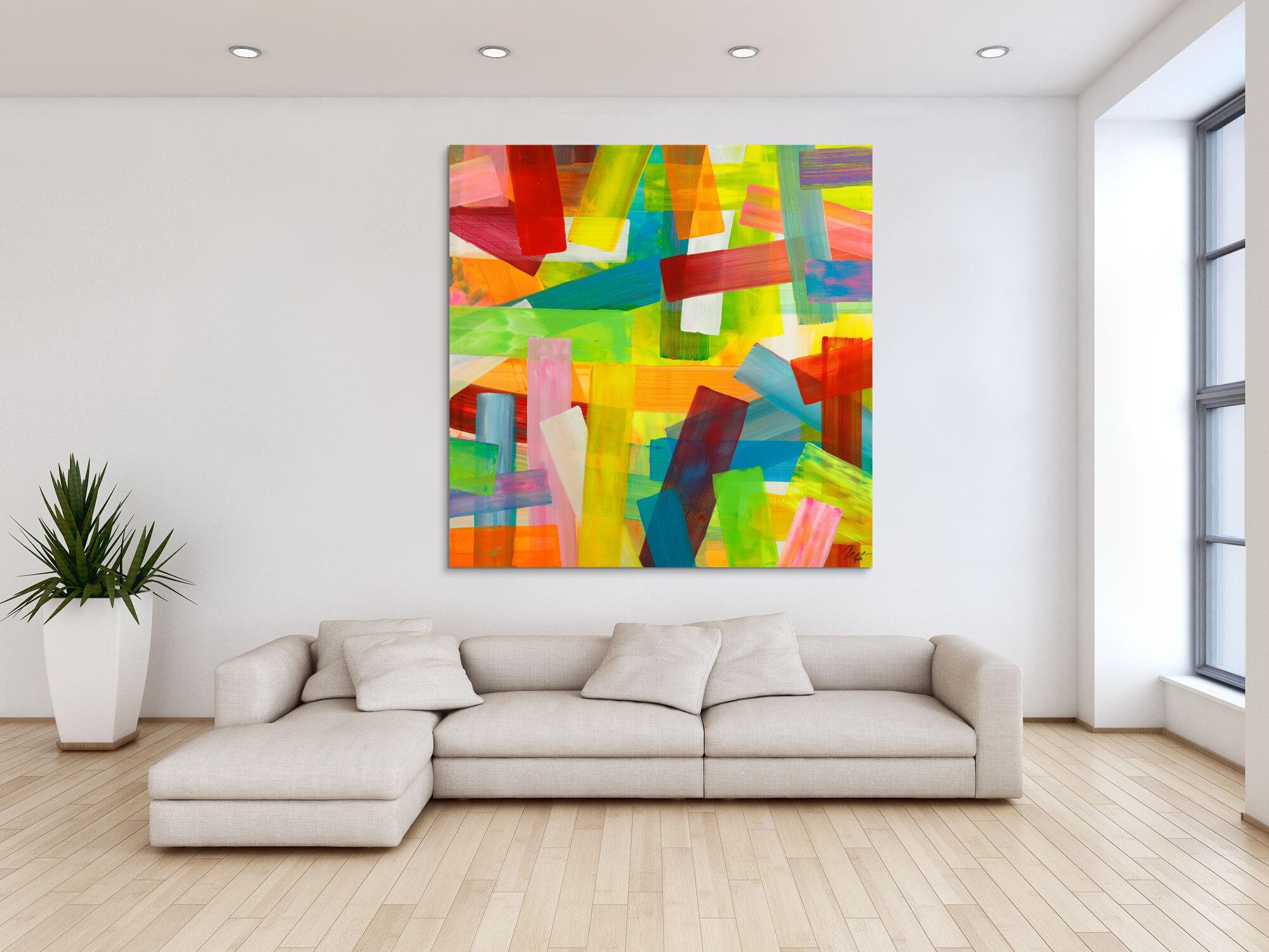 Gemälde Original abstrakt 150x150cm bunte Streifen Mischtechnik Modern Art handgefertigt gelb rot hellgrün Einzelstück
