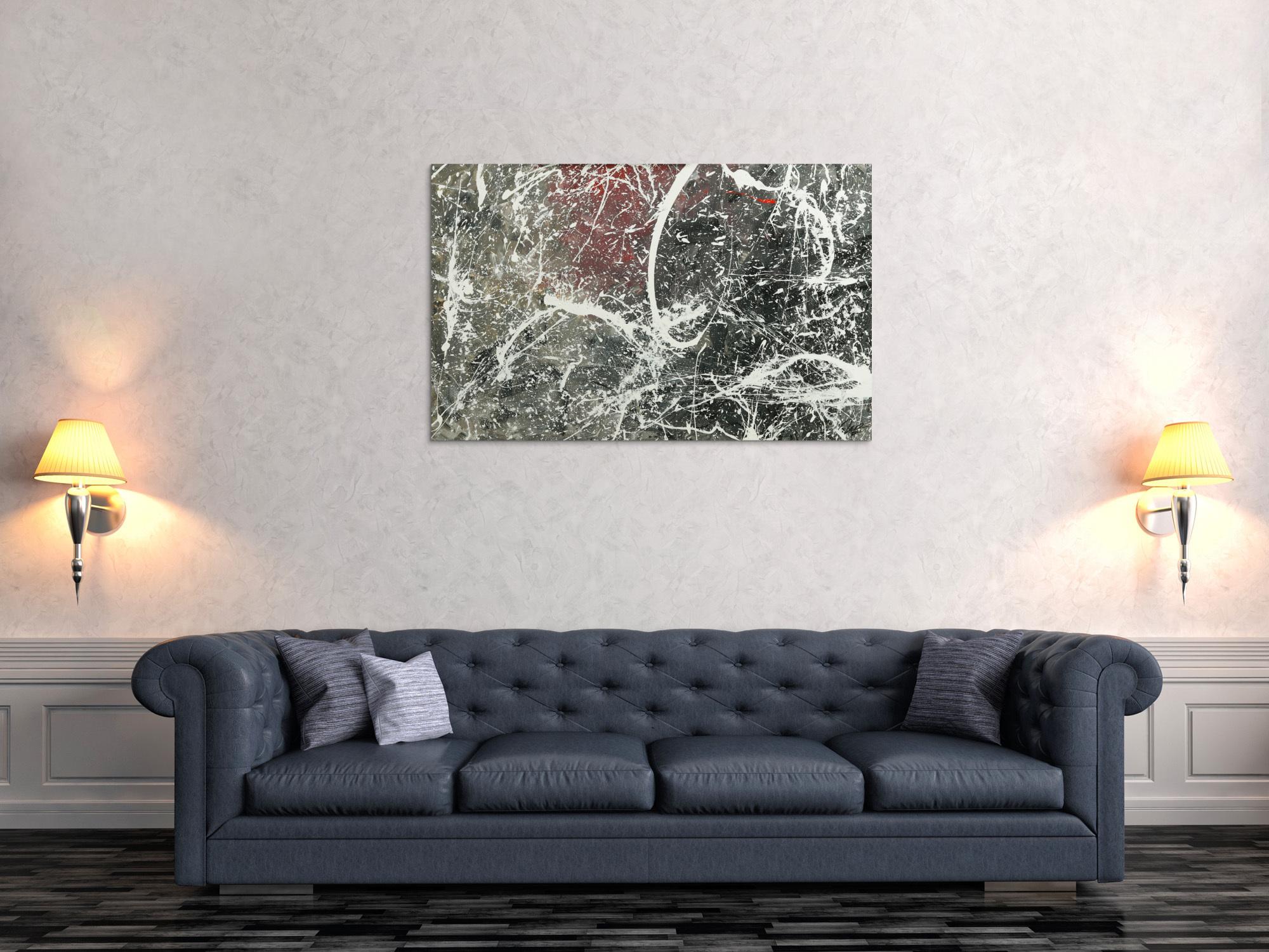 Original Gemälde abstrakt 75x120cm Action Painting Moderne Kunst auf Leinwand anthrazit grau rosa weiß Einzelstück