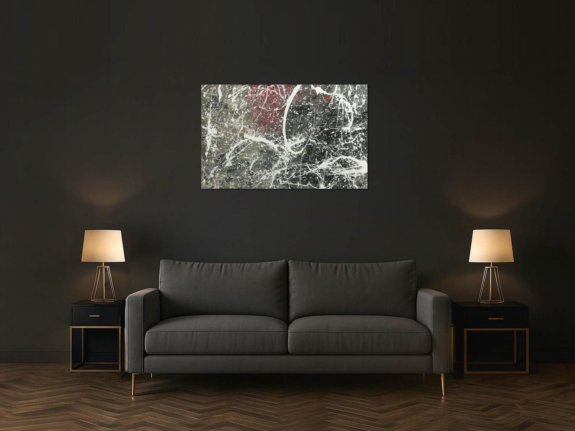 Original Gemälde abstrakt 75x120cm Action Painting Moderne Kunst auf Leinwand anthrazit grau rosa weiß Einzelstück