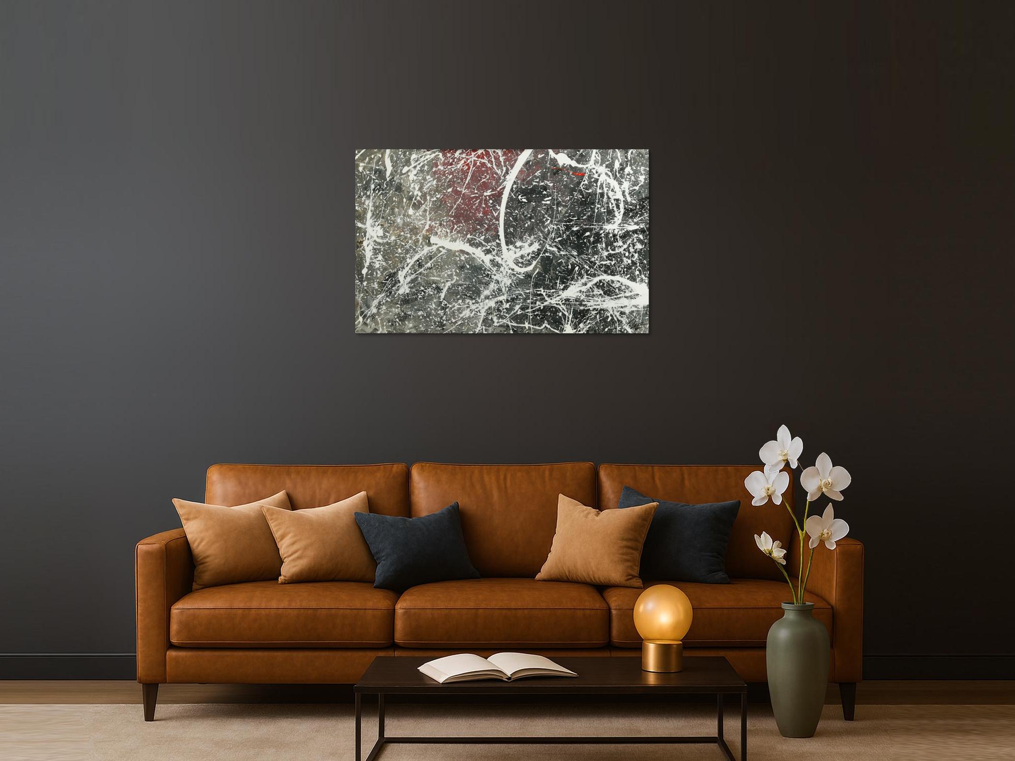 Original Gemälde abstrakt 75x120cm Action Painting Moderne Kunst auf Leinwand anthrazit grau rosa weiß Einzelstück