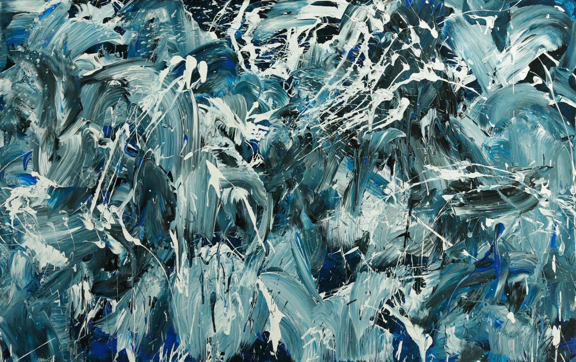 Abstraktes Original Gemälde 100x160cm Action Painting Modern Art handgefertigt anthrazit schwarz weiß Einzelstück