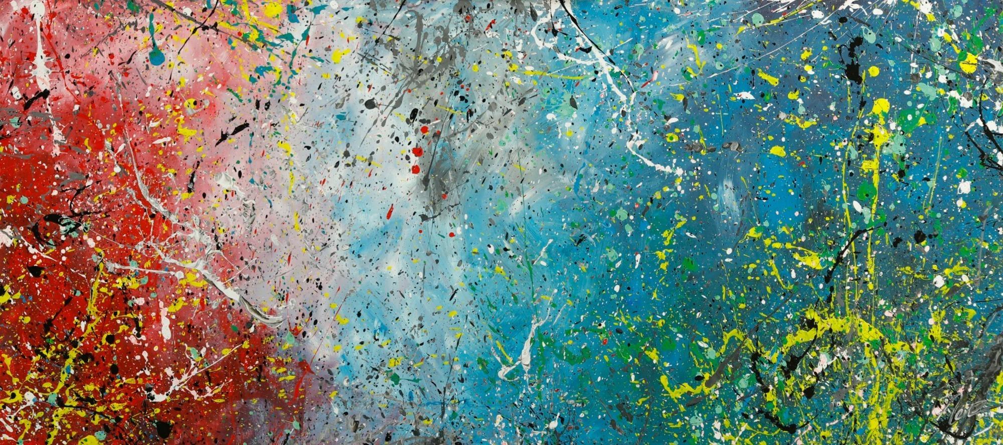 Original Gemälde abstrakt 70x160cm Action Painting expressionistisch handgefertigt anthrazit hellblau rot rosa Unikat