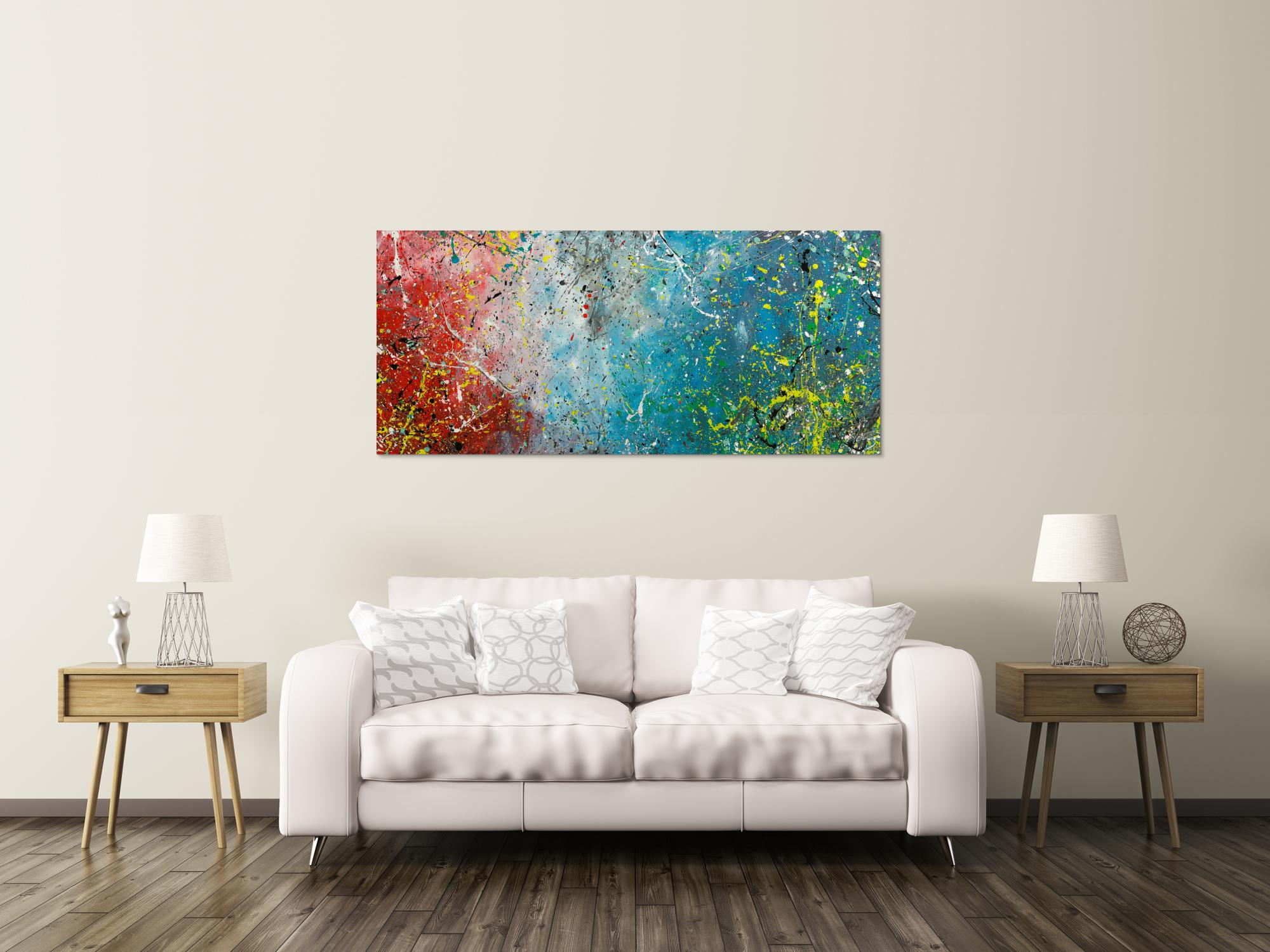 Original Gemälde abstrakt 70x160cm Action Painting expressionistisch handgefertigt  anthrazit hellblau rot rosa Unikat