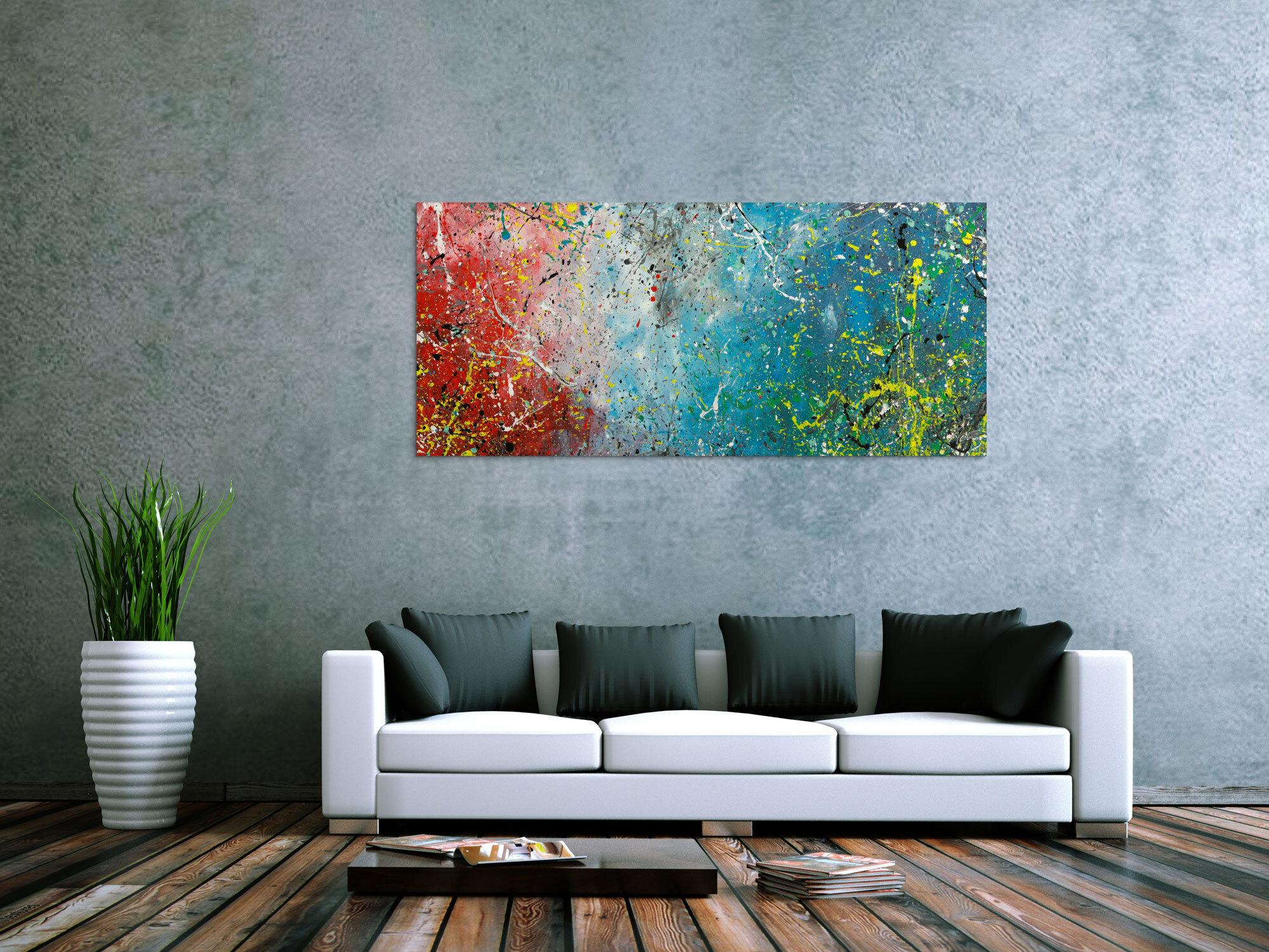 Original Gemälde abstrakt 70x160cm Action Painting expressionistisch handgefertigt  anthrazit hellblau rot rosa Unikat