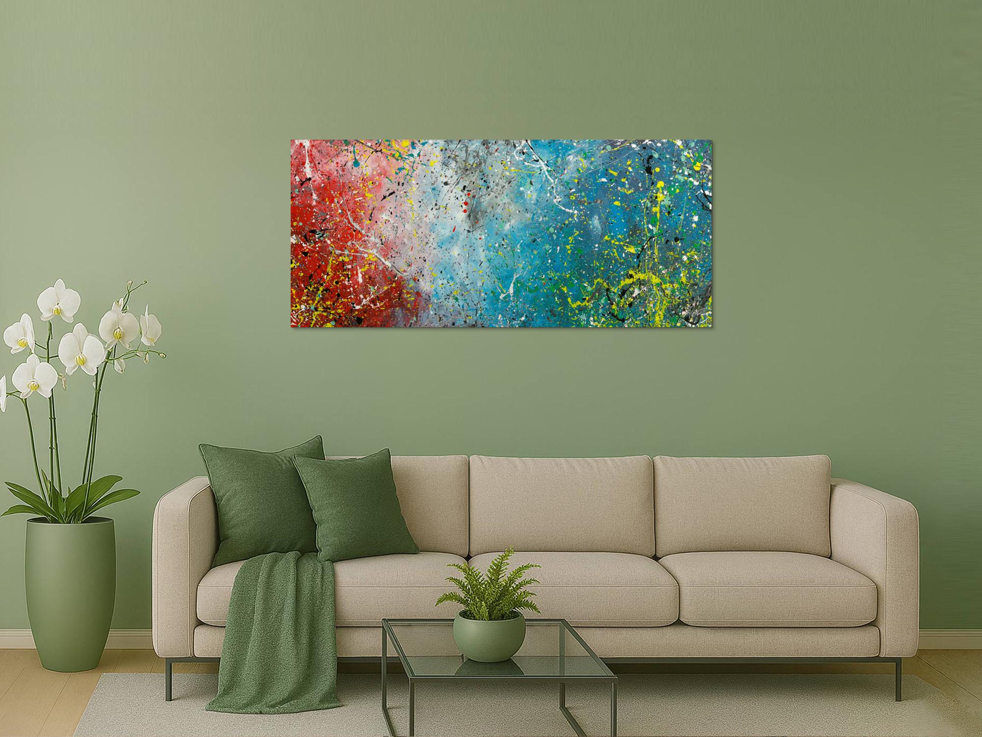 Original Gemälde abstrakt 70x160cm Action Painting expressionistisch handgefertigt  anthrazit hellblau rot rosa Unikat