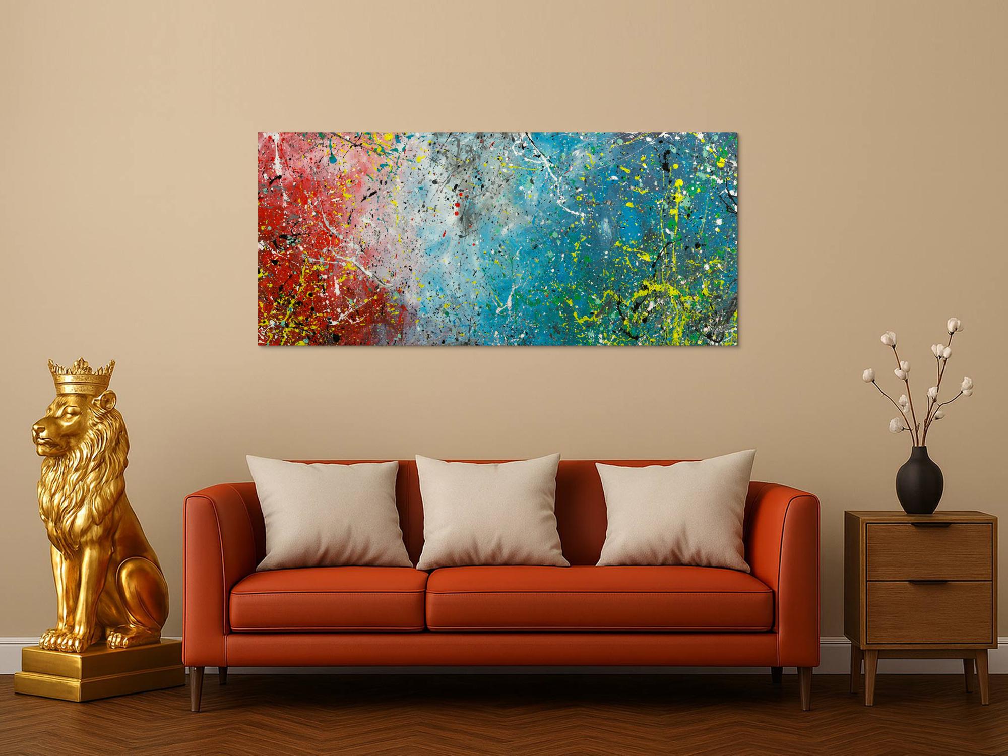 Original Gemälde abstrakt 70x160cm Action Painting expressionistisch handgefertigt  anthrazit hellblau rot rosa Unikat