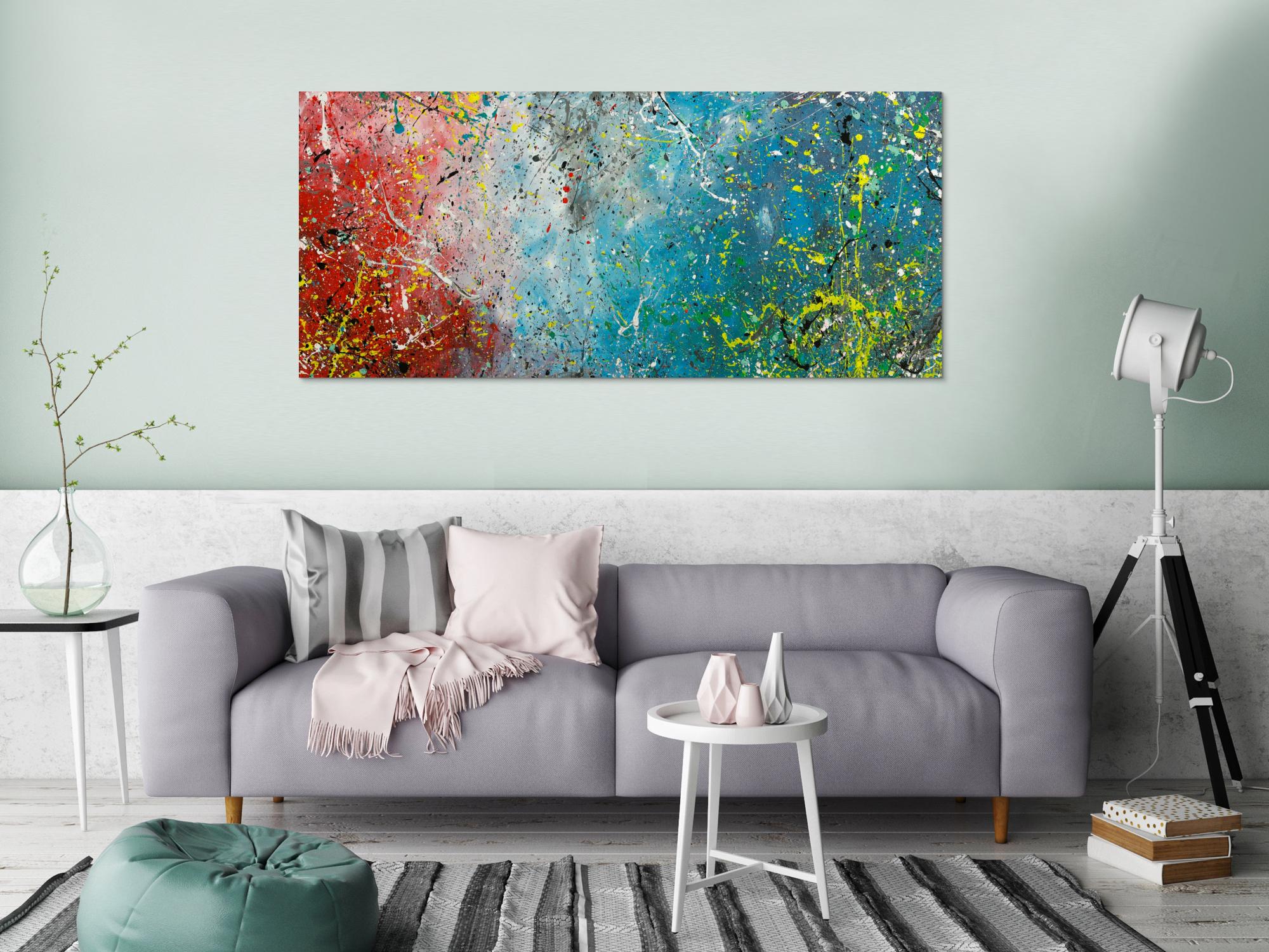 Original Gemälde abstrakt 70x160cm Action Painting expressionistisch handgefertigt  anthrazit hellblau rot rosa Unikat