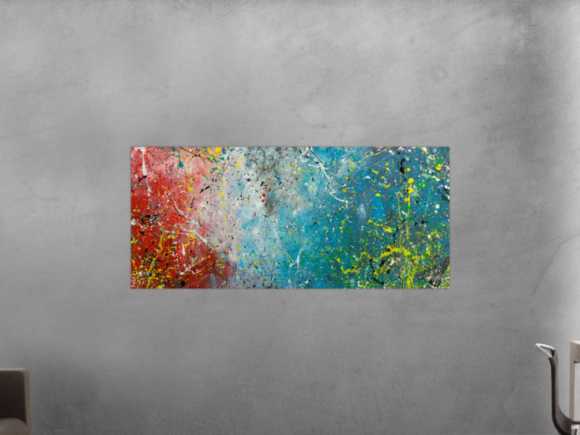 Original Gemälde abstrakt 70x160cm Action Painting expressionistisch handgefertigt  anthrazit hellblau rot rosa Unikat