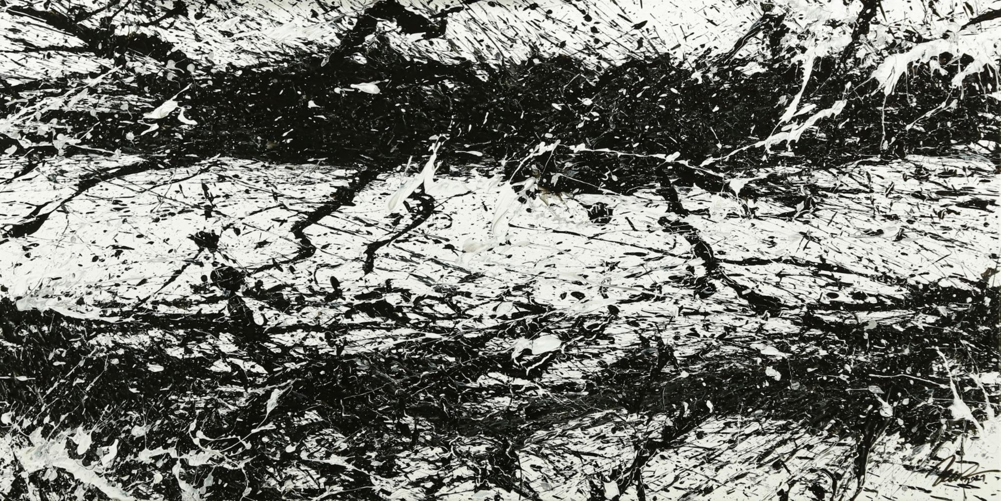 Original Gemälde abstrakt 55x110cm Action Painting Modern Art handgemalt schwarz weiß Unikat