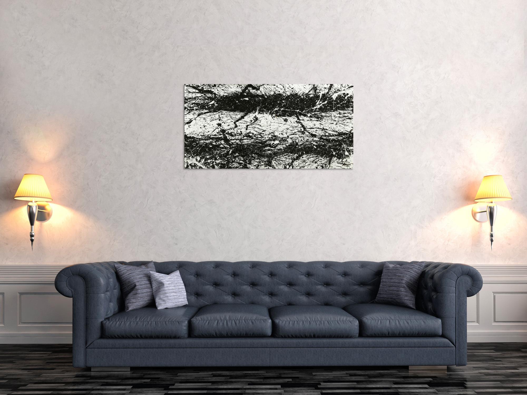 Original Gemälde abstrakt 55x110cm Action Painting Modern Art handgemalt  schwarz weiß Unikat