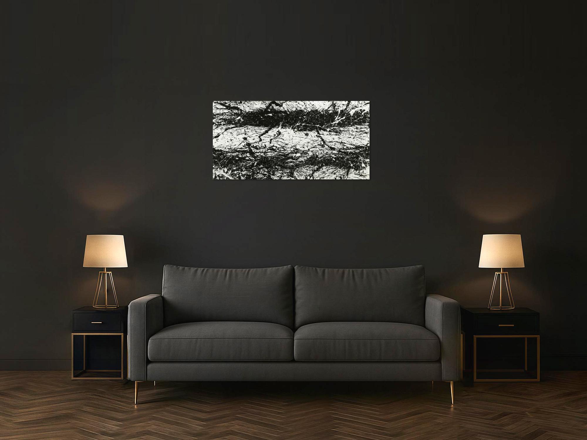 Original Gemälde abstrakt 55x110cm Action Painting Modern Art handgemalt  schwarz weiß Unikat