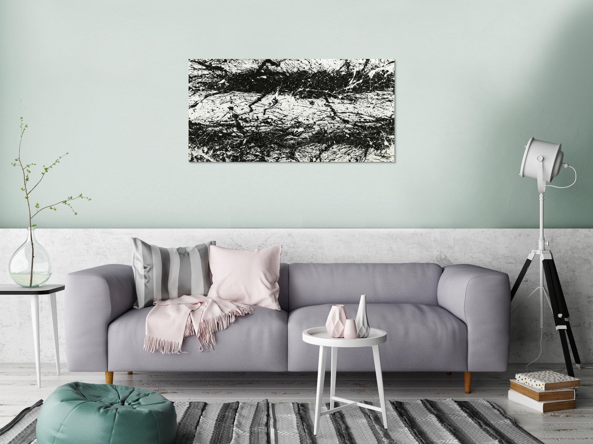 Original Gemälde abstrakt 55x110cm Action Painting Modern Art handgemalt  schwarz weiß Unikat