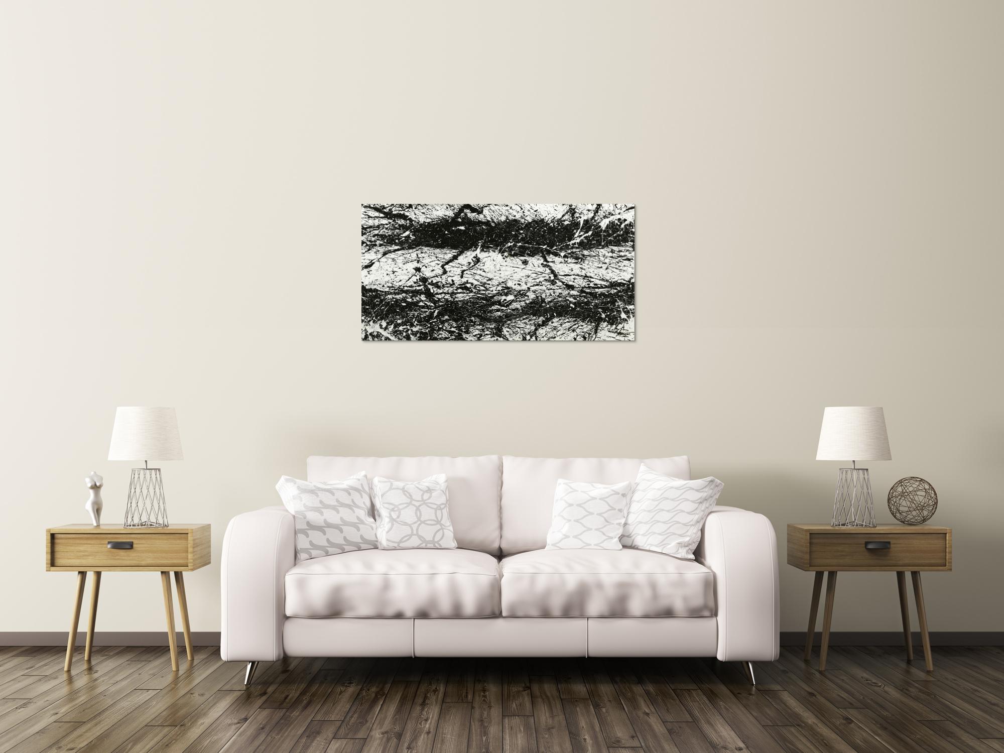 Original Gemälde abstrakt 55x110cm Action Painting Modern Art handgemalt  schwarz weiß Unikat