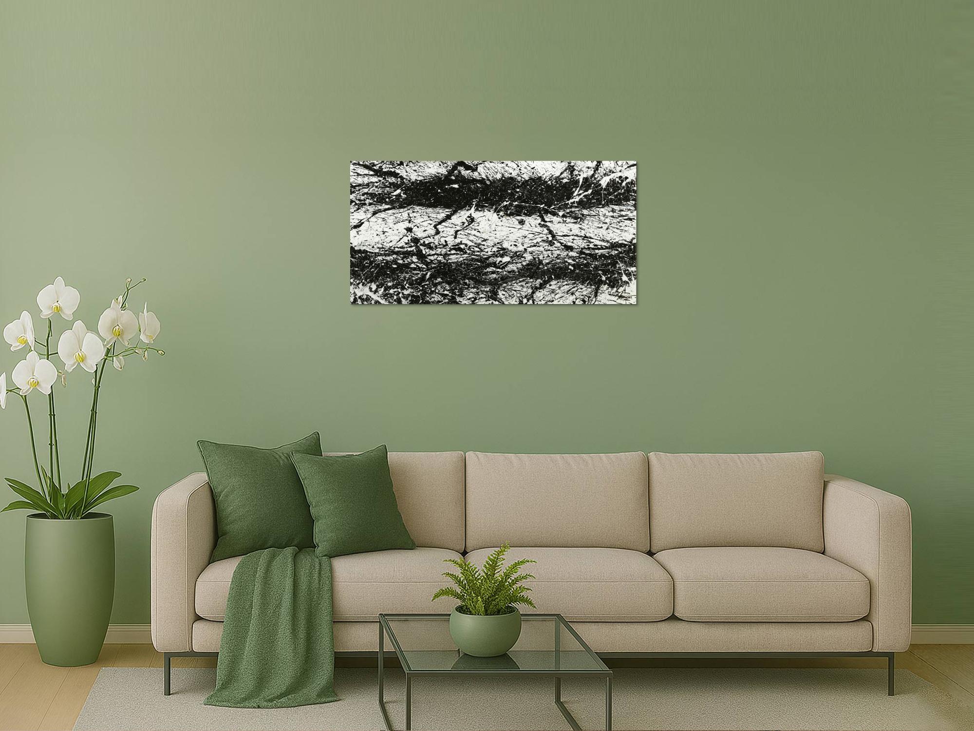 Original Gemälde abstrakt 55x110cm Action Painting Modern Art handgemalt  schwarz weiß Unikat