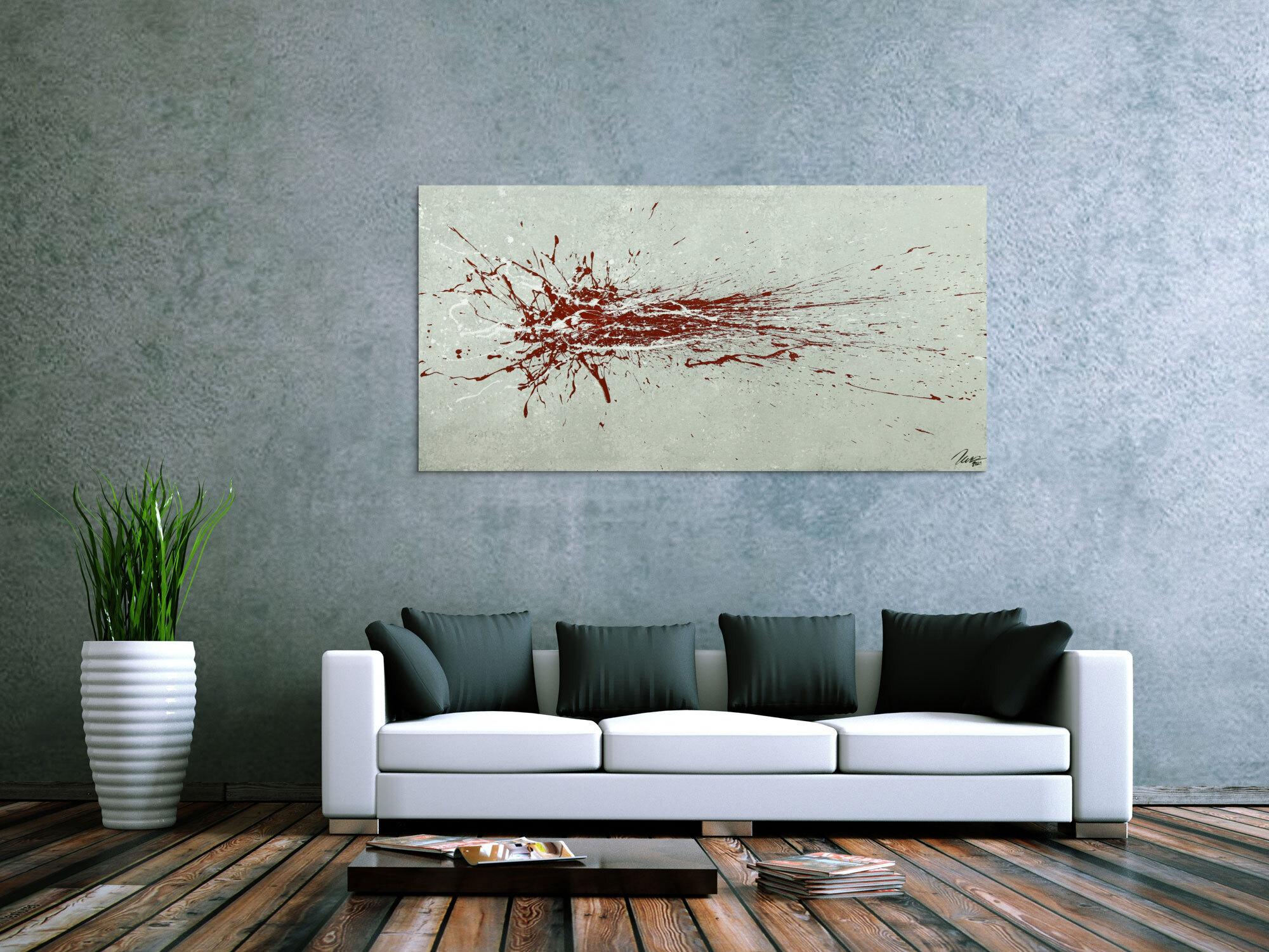 Gemälde Original abstrakt 80x160cm Action Painting Moderne Kunst auf Leinwand grau rot weis Einzelstück