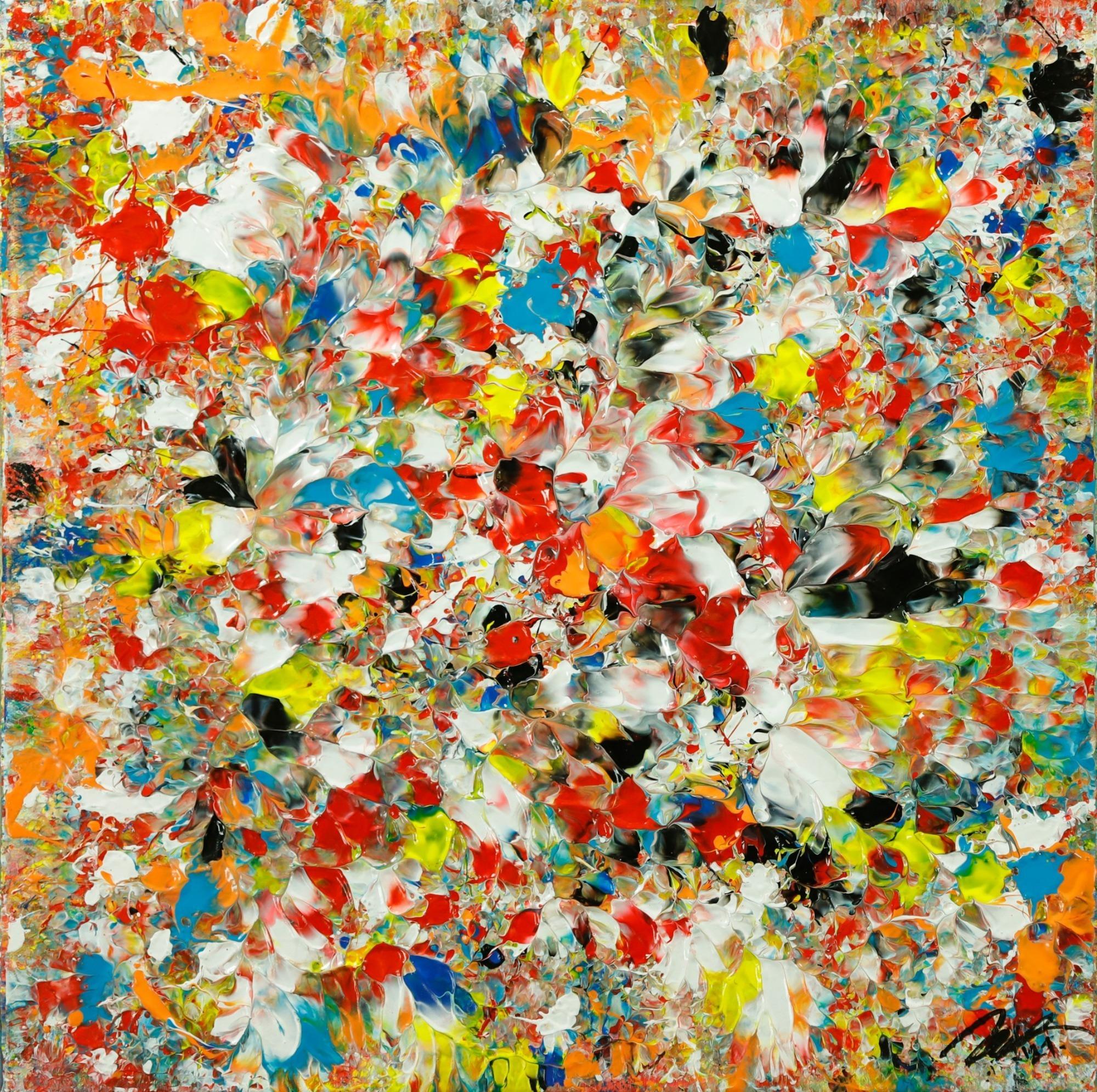 Abstraktes Original Gemälde 50x50cm Mischtechnik Moderne Kunst auf Leinwand sehr bunt orange einzigartig