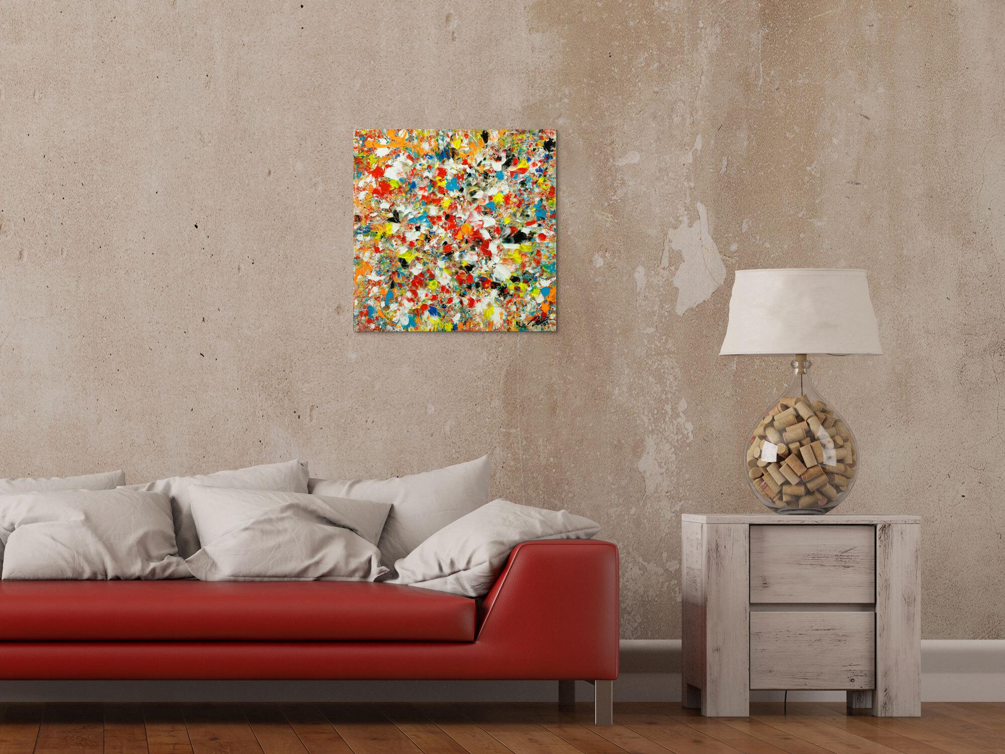 Abstraktes Original Gemälde 50x50cm Mischtechnik Moderne Kunst auf Leinwand sehr bunt orange einzigartig