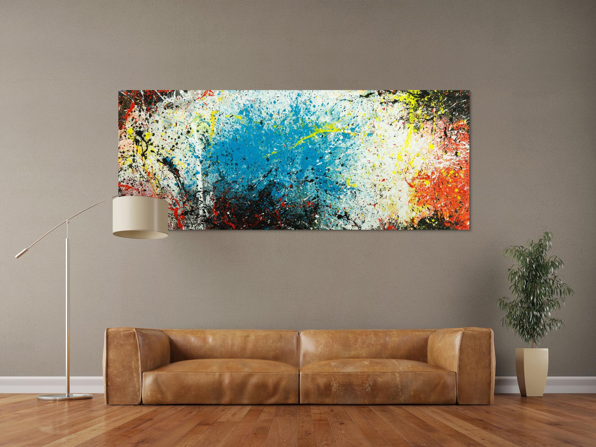 Abstraktes Original Gemälde 80x200cm  expressionistisch handgefertigt  türkis weiß schwarz Unikat