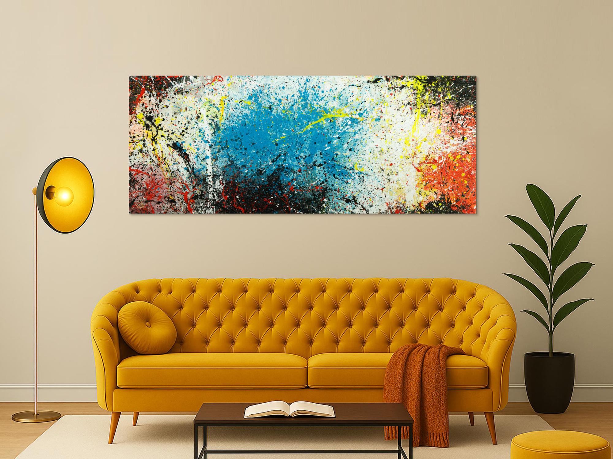 Abstraktes Original Gemälde 80x200cm  expressionistisch handgefertigt  türkis weiß schwarz Unikat