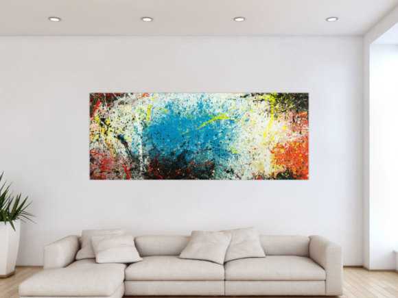 Abstraktes Original Gemälde 80x200cm  expressionistisch handgefertigt  türkis weiß schwarz Unikat
