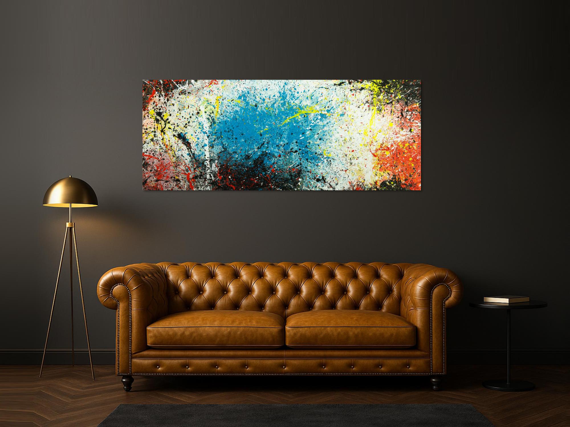 Abstraktes Original Gemälde 80x200cm  expressionistisch handgefertigt  türkis weiß schwarz Unikat