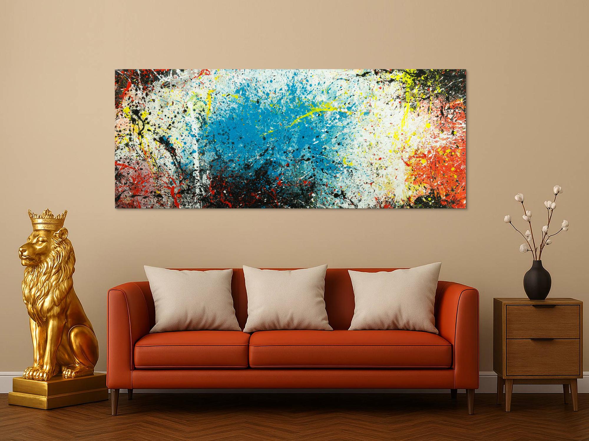 Abstraktes Original Gemälde 80x200cm  expressionistisch handgefertigt  türkis weiß schwarz Unikat