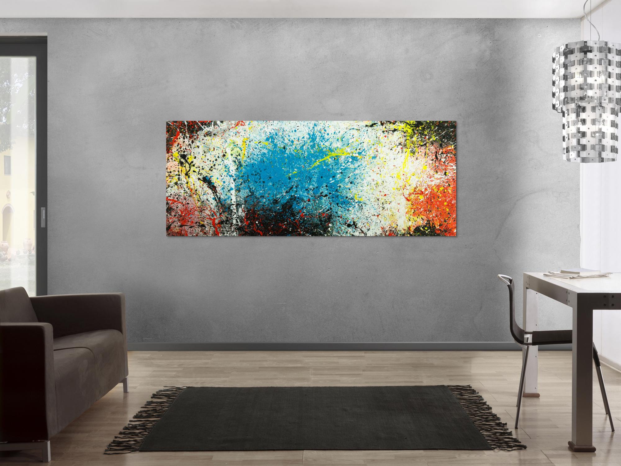 Abstraktes Original Gemälde 80x200cm  expressionistisch handgefertigt  türkis weiß schwarz Unikat