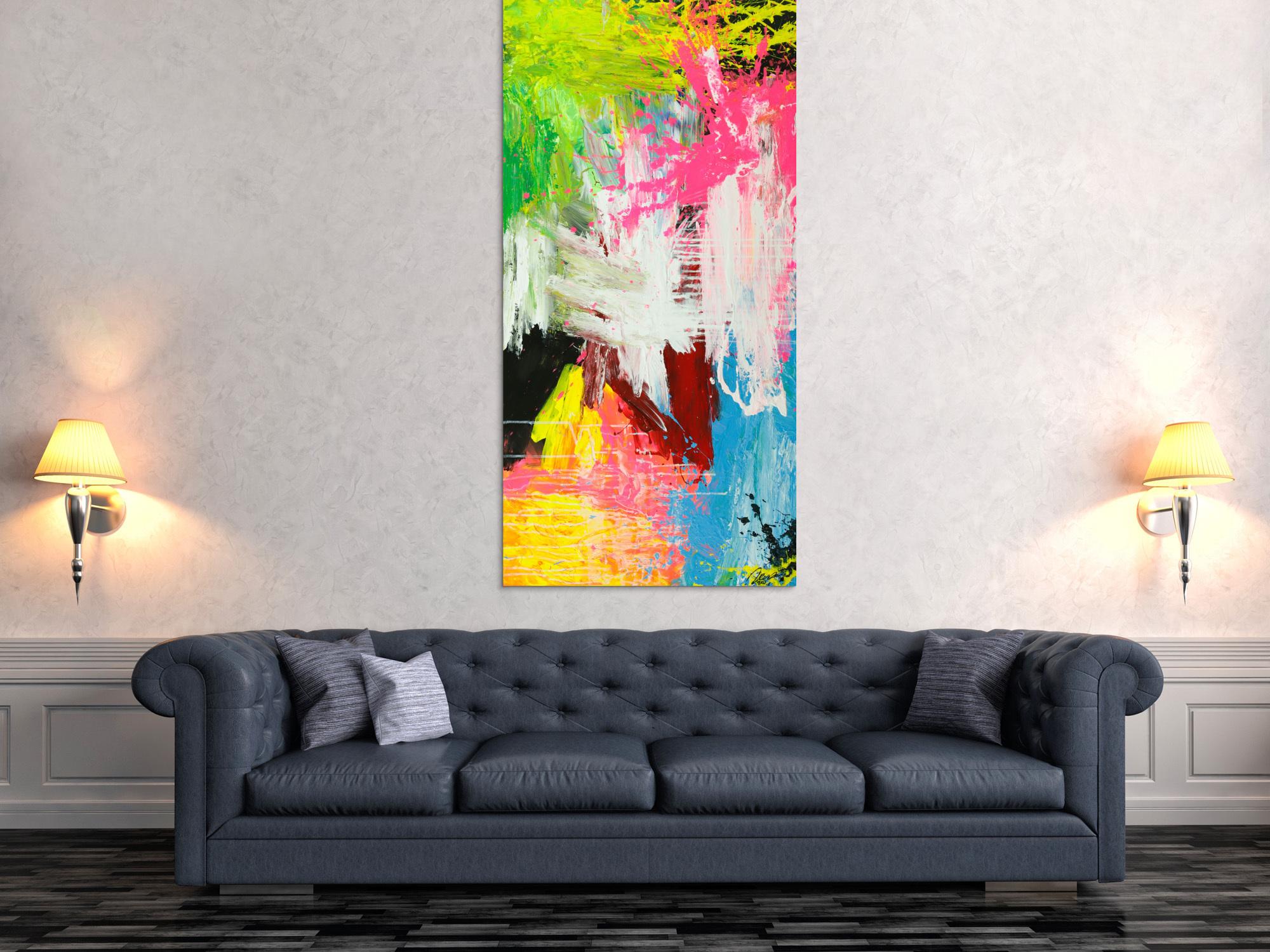 Gemälde Original abstrakt 160x80cm  zeitgenössisch handgefertigt  weiß gelb hellblau Einzelstück