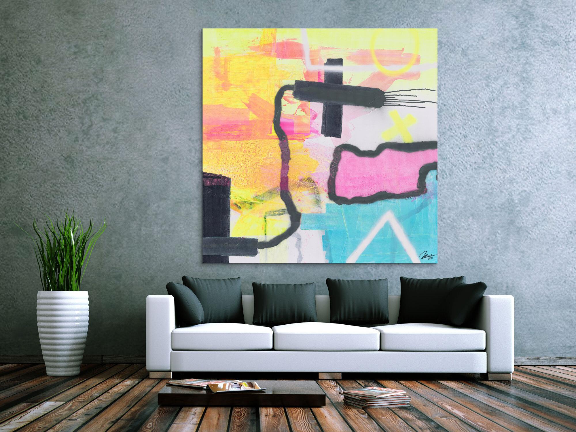 Gemälde Original abstrakt 150x150cm Mischtechnik zeitgenössisch auf Leinwand  weiß beige gelb einzigartig