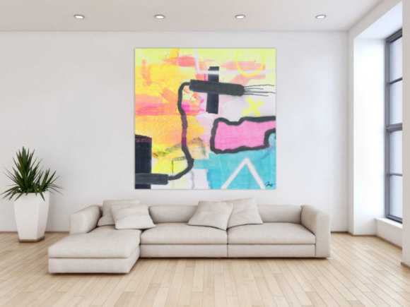 Gemälde Original abstrakt 150x150cm Mischtechnik zeitgenössisch auf Leinwand  weiß beige gelb einzigartig