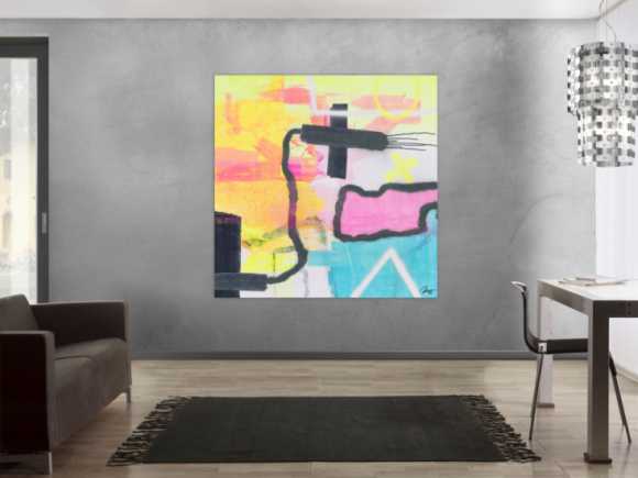 Gemälde Original abstrakt 150x150cm Mischtechnik zeitgenössisch auf Leinwand  weiß beige gelb einzigartig