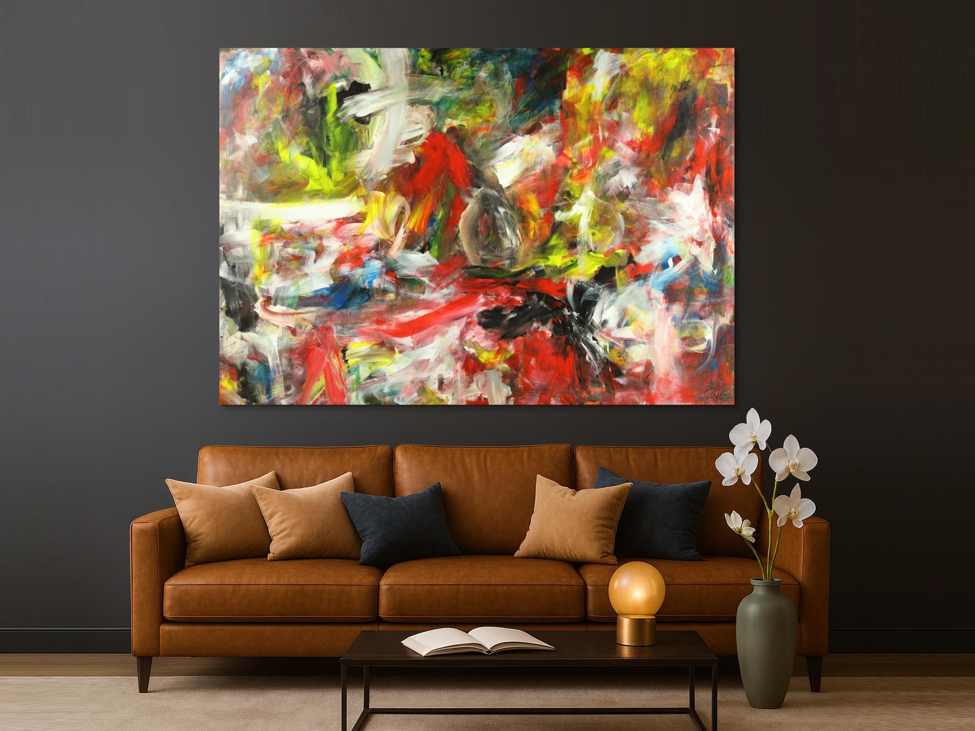 Gemälde Original abstrakt 150x220cm Mischtechnik zeitgenössisch auf Leinwand  weiß rot schwarz gelb einzigartig