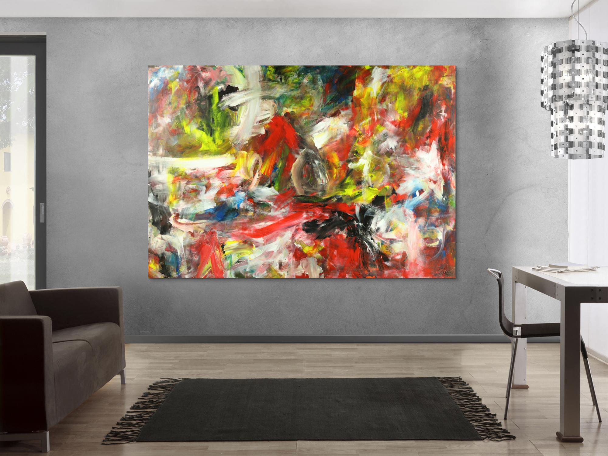 Gemälde Original abstrakt 150x220cm Mischtechnik zeitgenössisch auf Leinwand  weiß rot schwarz gelb einzigartig