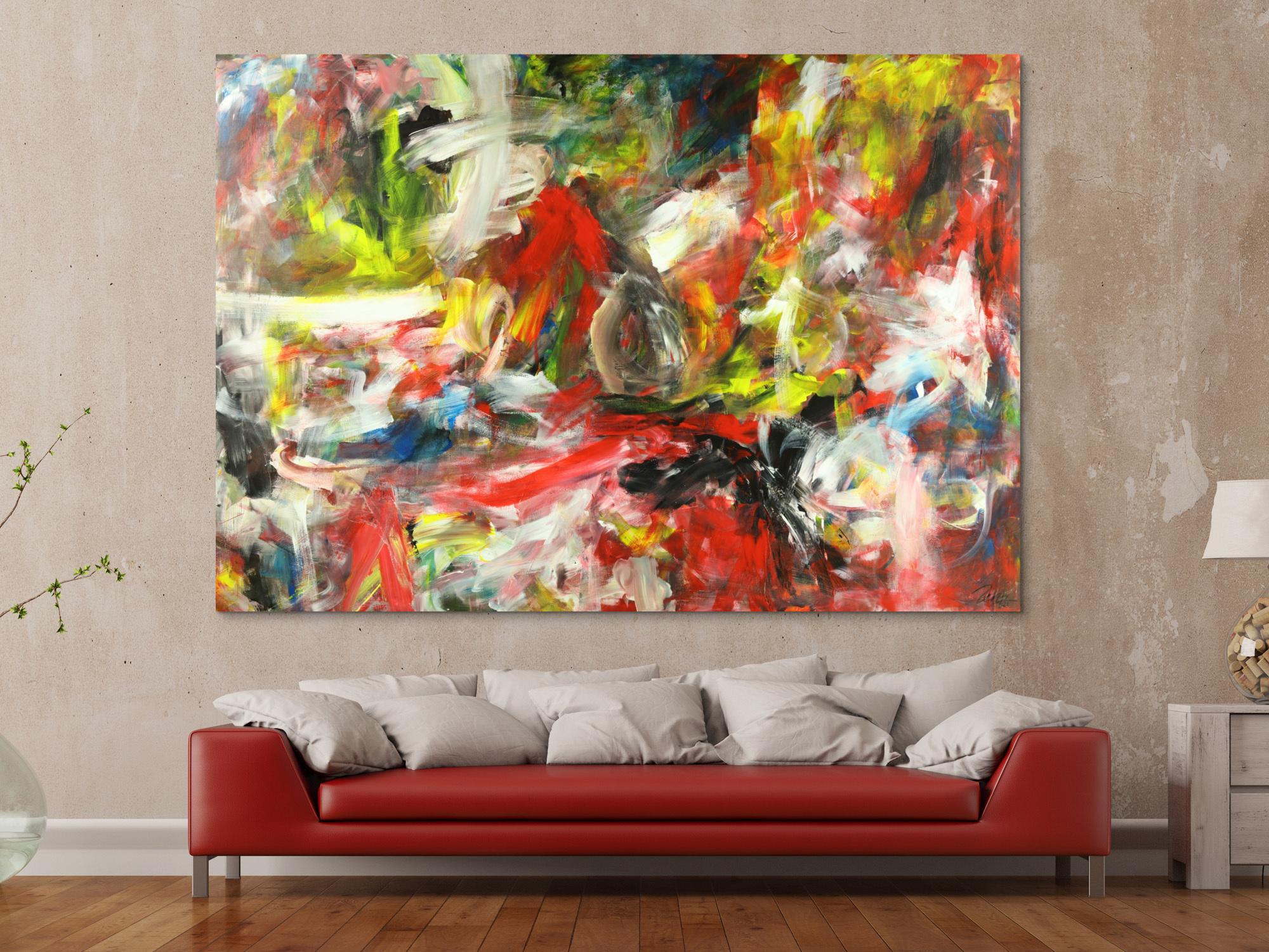 Gemälde Original abstrakt 150x220cm Mischtechnik zeitgenössisch auf Leinwand  weiß rot schwarz gelb einzigartig