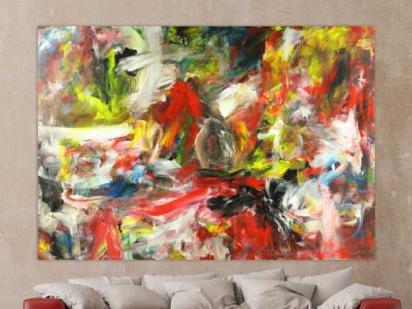 Gemälde Original abstrakt 150x220cm Mischtechnik zeitgenössisch auf Leinwand  weiß rot schwarz gelb einzigartig