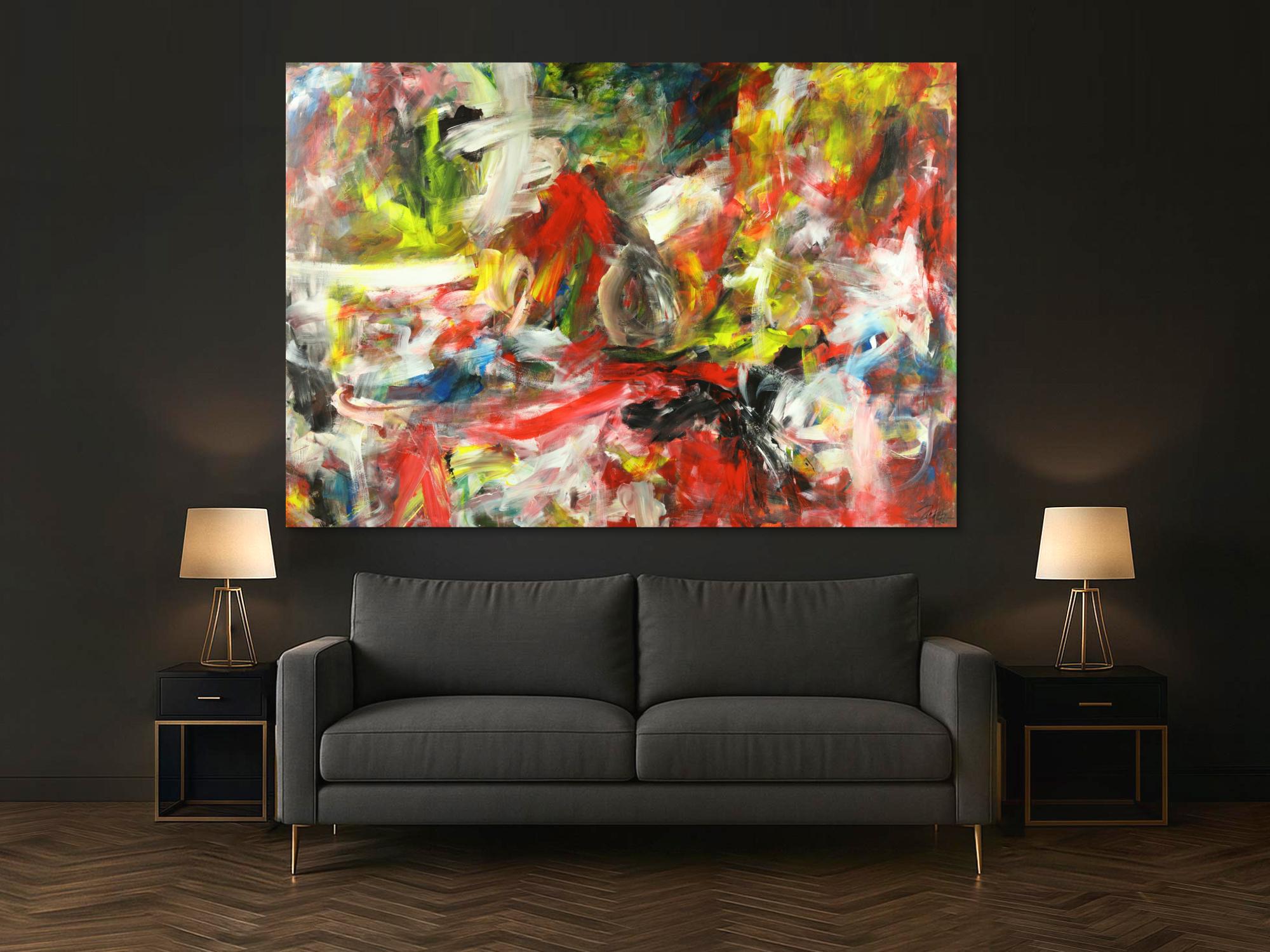 Gemälde Original abstrakt 150x220cm Mischtechnik zeitgenössisch auf Leinwand  weiß rot schwarz gelb einzigartig