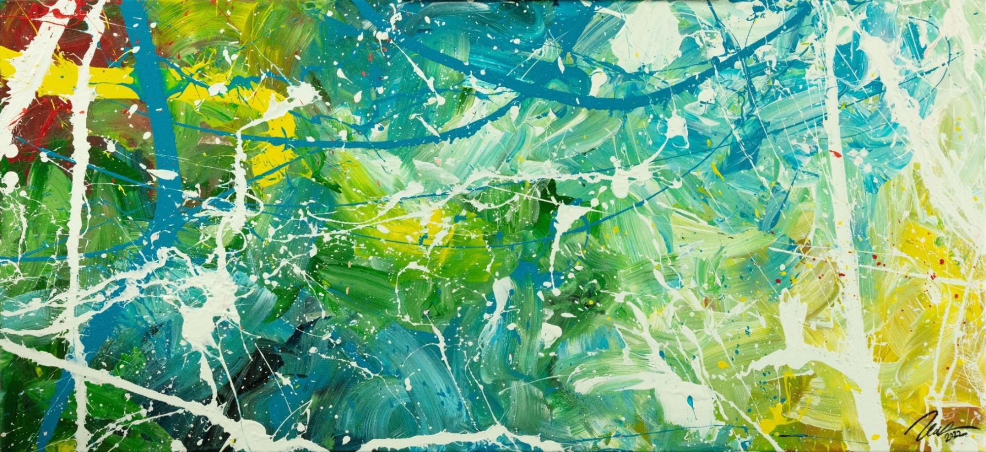 Original Gemälde abstrakt 60x130cm Action Painting expressionistisch auf Leinwand  grün türkis weiß hochwertig