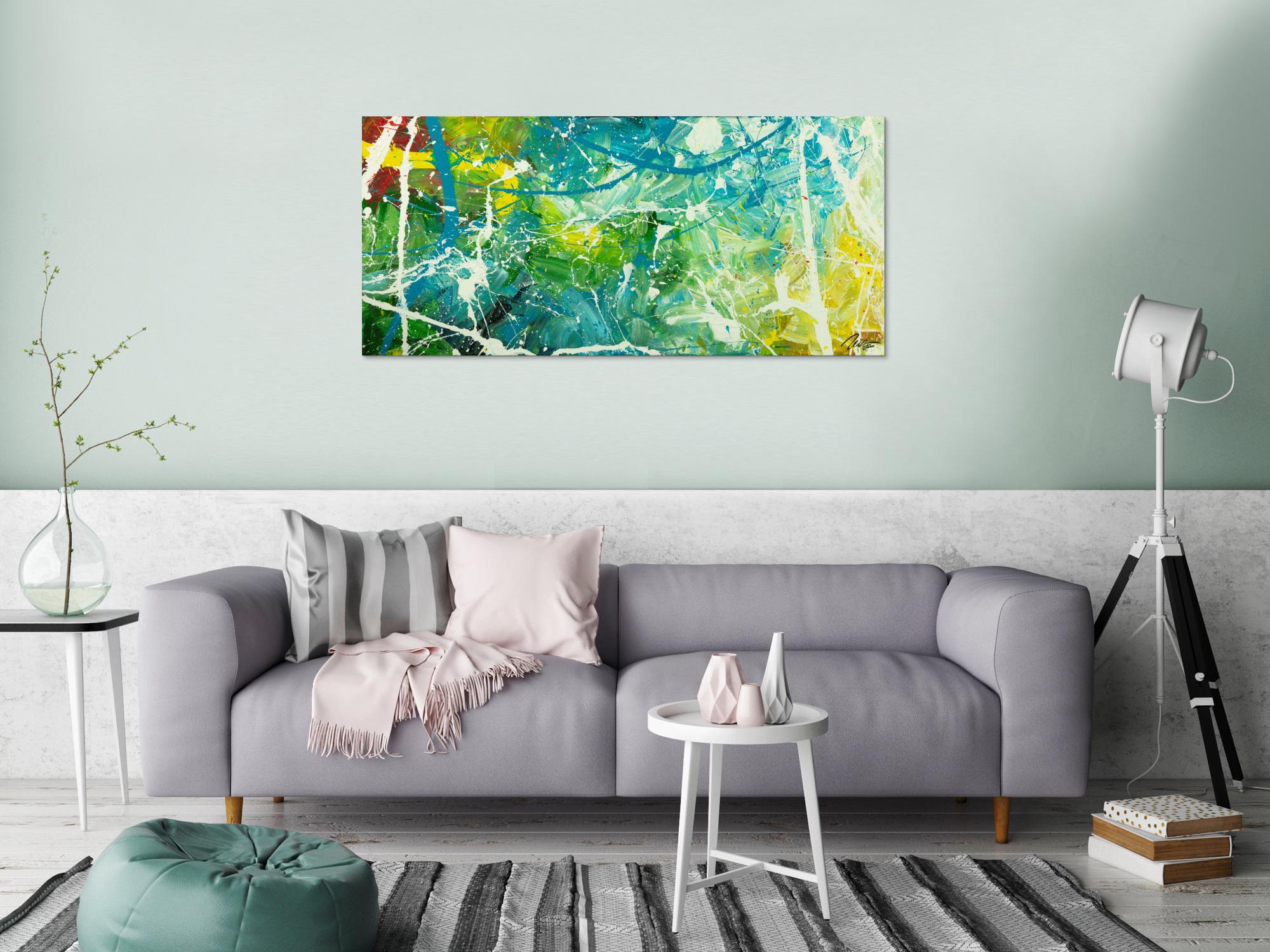 Original Gemälde abstrakt 60x130cm Action Painting expressionistisch auf Leinwand  grün türkis weiß hochwertig