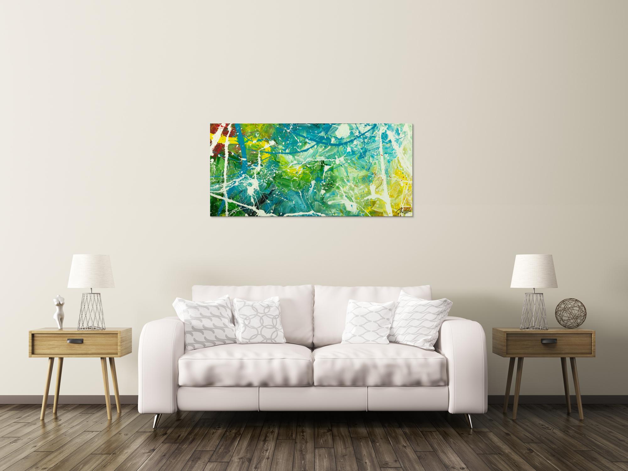 Original Gemälde abstrakt 60x130cm Action Painting expressionistisch auf Leinwand  grün türkis weiß hochwertig