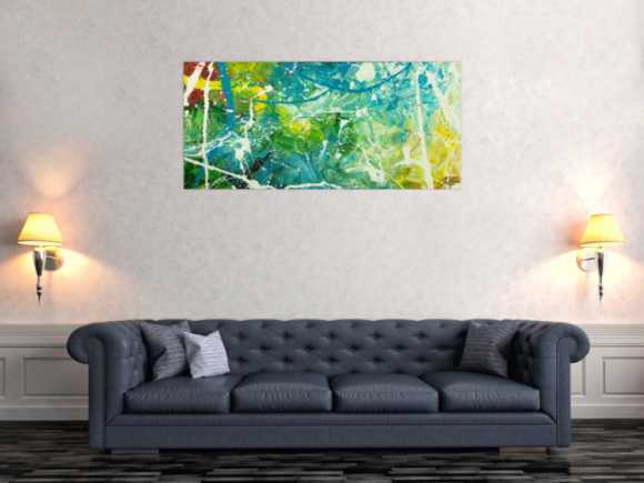 Original Gemälde abstrakt 60x130cm Action Painting expressionistisch auf Leinwand  grün türkis weiß hochwertig