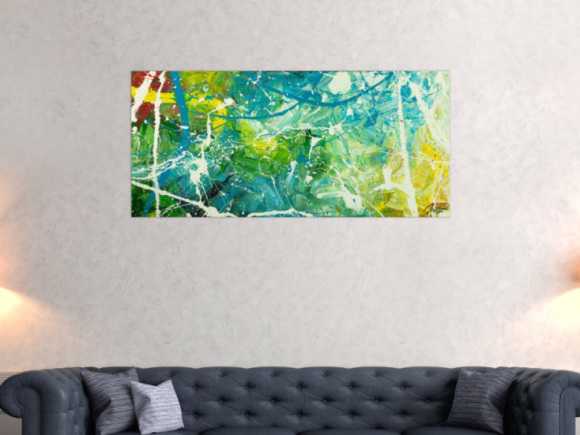 Original Gemälde abstrakt 60x130cm Action Painting expressionistisch auf Leinwand  grün türkis weiß hochwertig